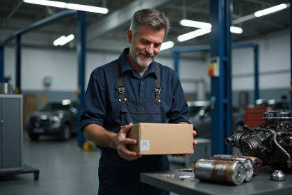 Mécanicien homme examinant une pièce auto dans l'atelier