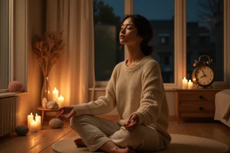 Jeune femme en méditation nocturne devant une horloge affichant 22h22, entourée de bougies et de cristaux pour attirer l'amour et l'abondance