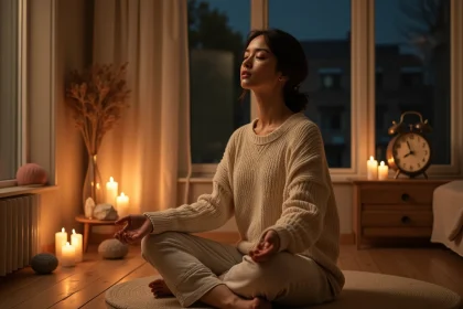 Jeune femme en méditation nocturne devant une horloge affichant 22h22, entourée de bougies et de cristaux pour attirer l'amour et l'abondance