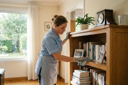 Femme de ménage professionnelle en uniforme bleu dépoussiérant une bibliothèque dans un intérieur de maison pavillonnaire en région parisienne