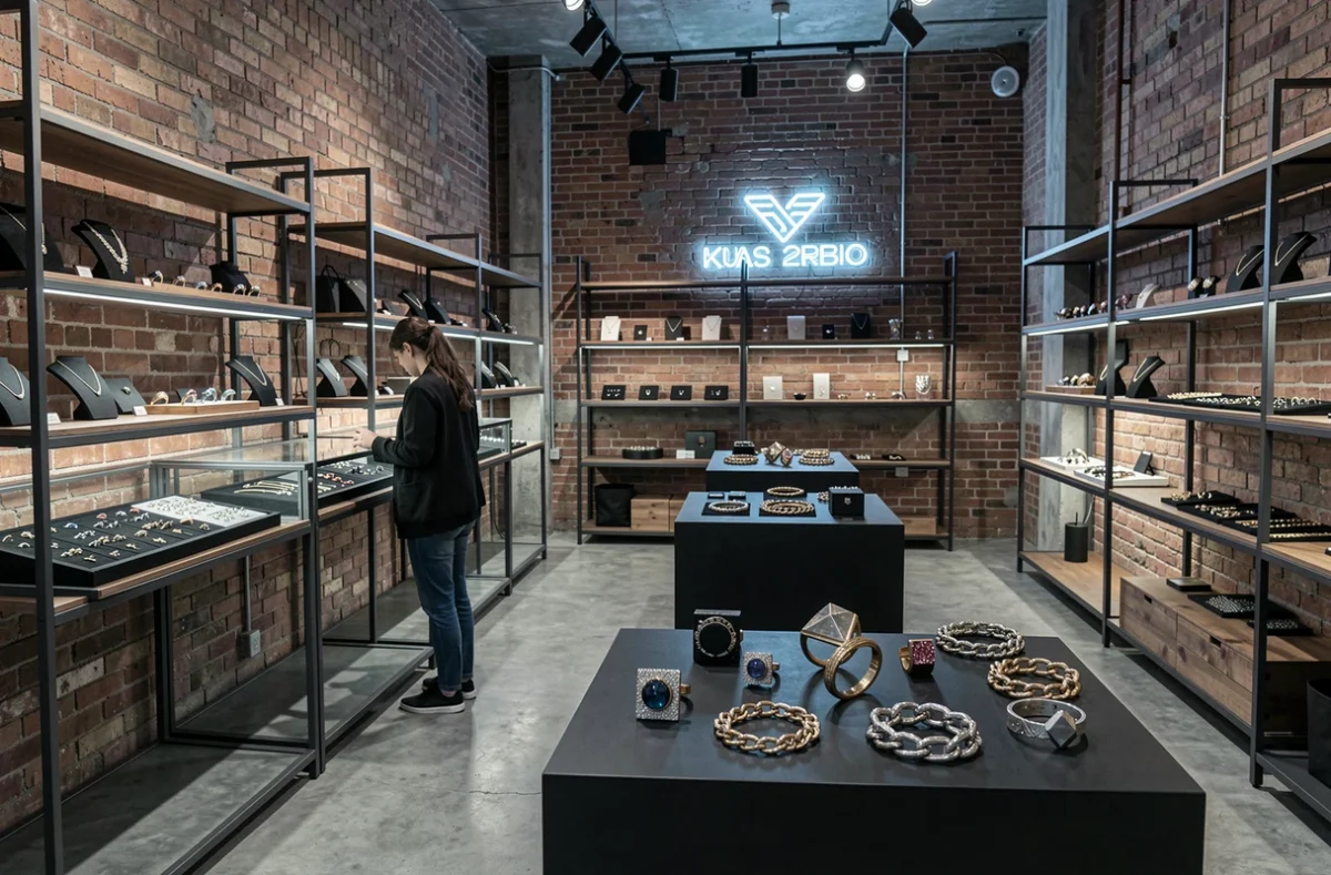 Boutique de bijoux MIB'S au style industriel urbain avec des bijoux en métaux mixtes sur des présentoirs noirs