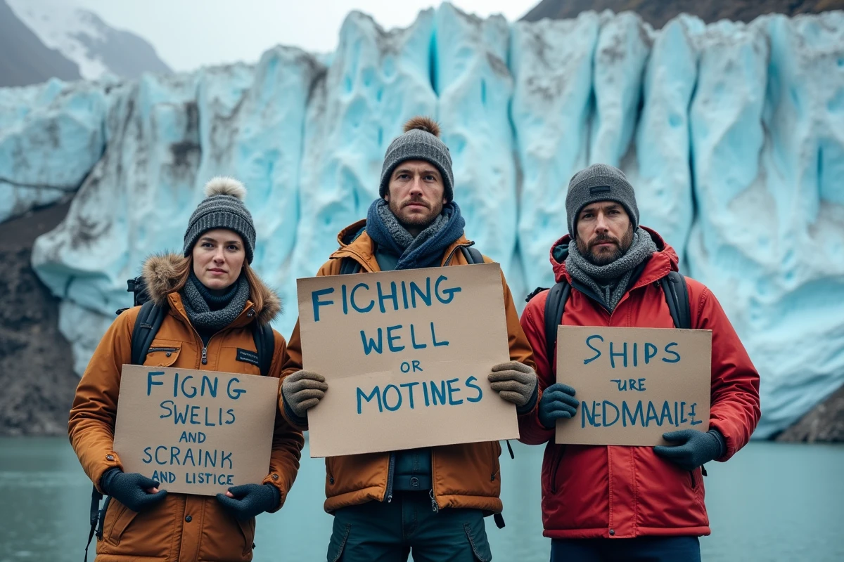 Groupe de militants écologistes devant un glacier en fonte tenant des pancartes de sensibilisation environnementale dans un décor polaire