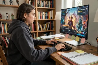 Jeune femme jouant à Wicked sur PC avec des menus en français affichés à l'écran, dans un bureau cozy à domicile