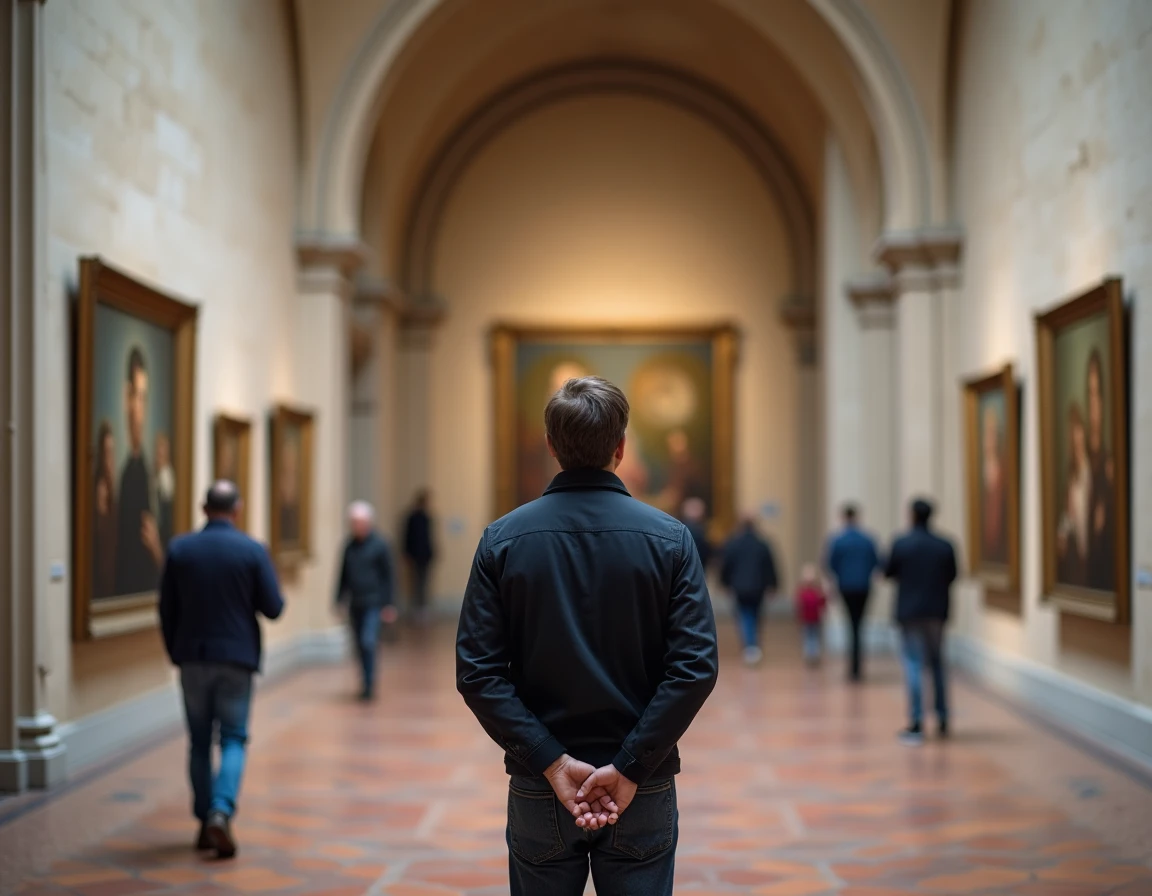 Visiteur contemplant une peinture dans les salles gothiques du Musée des Augustins à Toulouse
