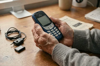 Mains tenant un ancien Nokia 3310 avec son chargeur et ses accessoires sur un bureau en bois