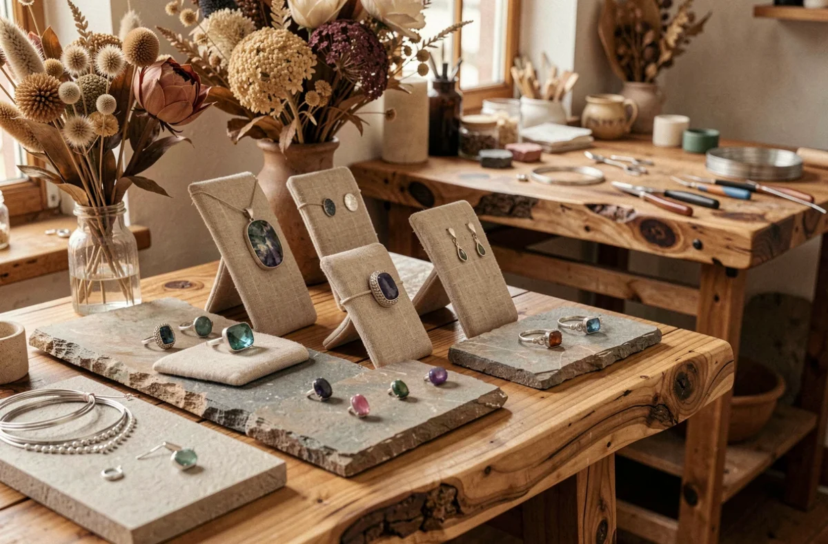 Boutique artisanale Olivine Bijoux avec des bijoux faits main en pierres et argent sur des présentoirs en lin