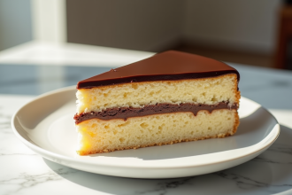 Partage d'un gâteau Opéra tranché avec glaçage brillant