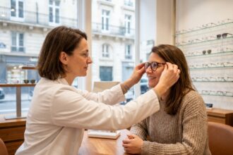Opticienne professionnelle aidant une cliente à choisir des lunettes dans une boutique d'optique moderne à Paris