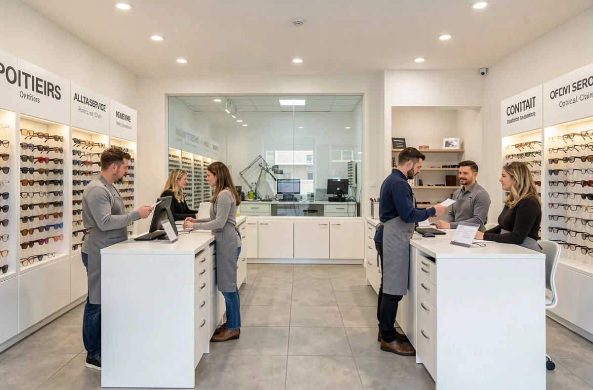 Enseigne multi-services Les Opticiens Cosmas à Poitiers avec plusieurs espaces de service et équipe d'opticiens