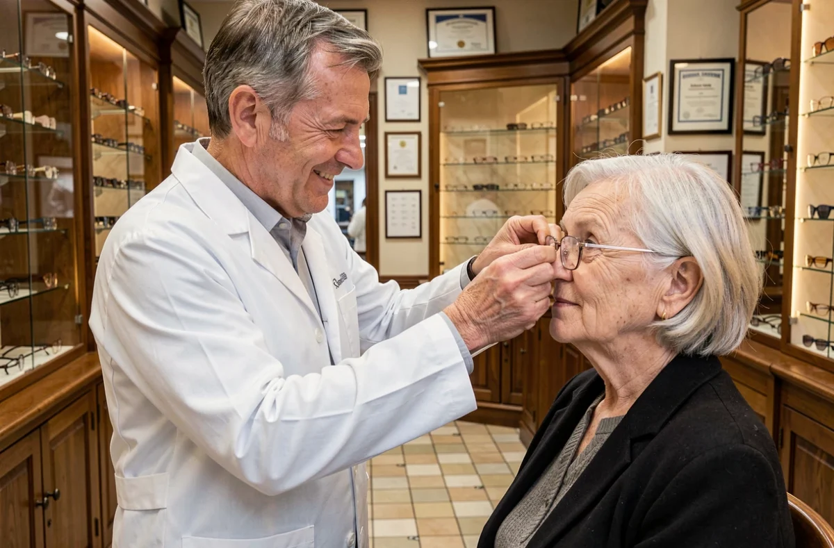 Opticien de confiance ajustant des lunettes à une cliente âgée chez Optique Duvot à Châtellerault