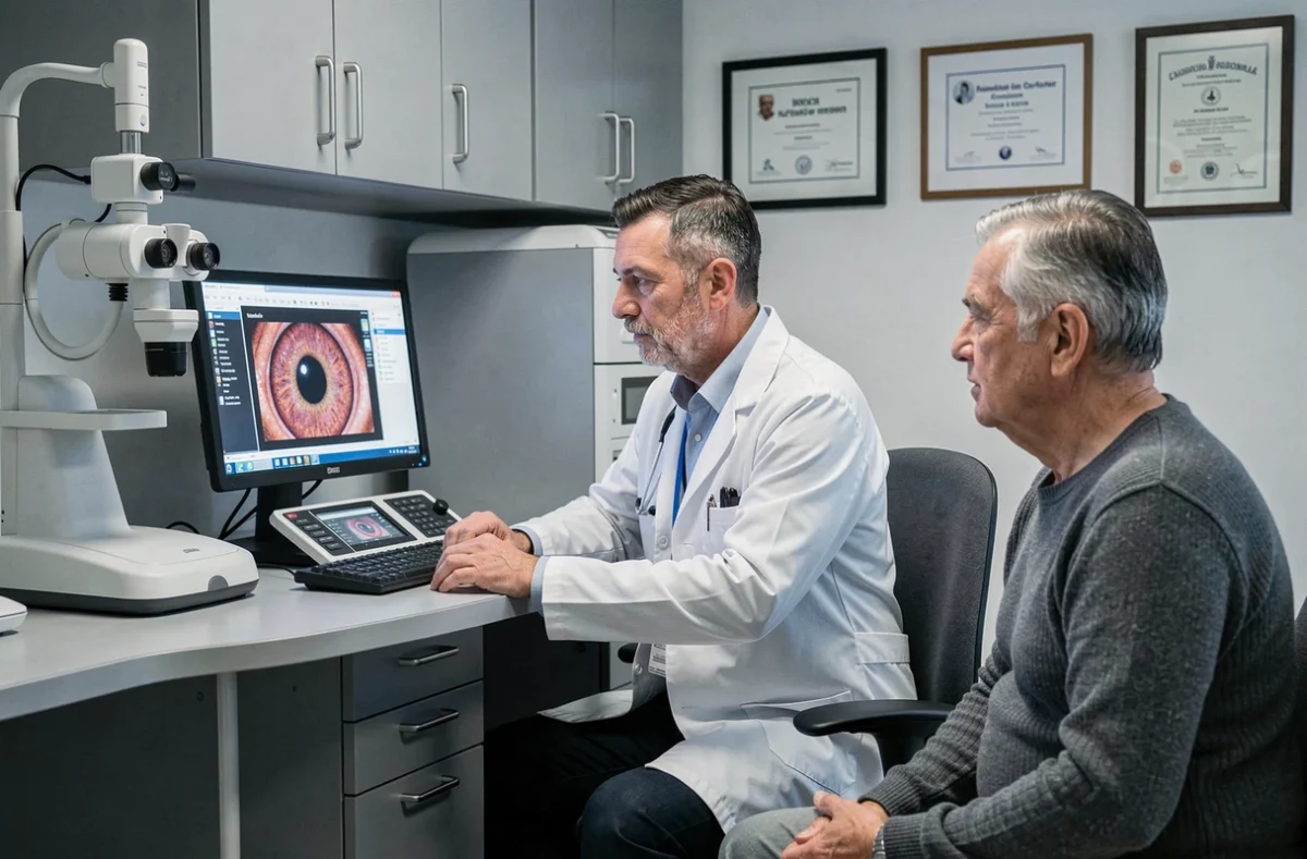 Expert en santé visuelle examinant un bilan rétinien numérique avec un patient chez Optique Gauthier dans la Vienne