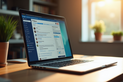 Ordinateur portable moderne sur bureau en bois avec forum en ligne