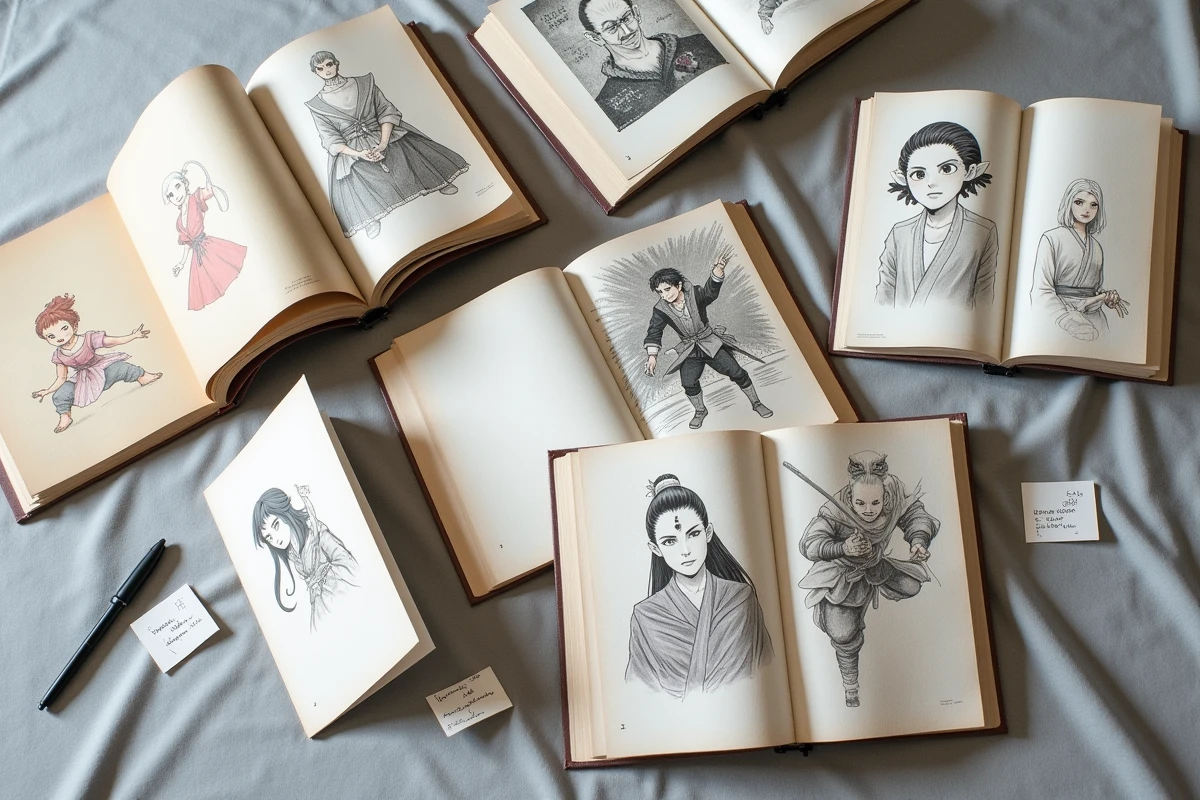 Vue aérienne de plusieurs tomes du manga Journey to the West disposés avec des fiches de lecture indiquant l'ordre des arcs et des chapitres
