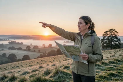 Femme en veste de randonnée pointant vers l'est à l'aube sur une colline verdoyante avec une carte topographique à la main