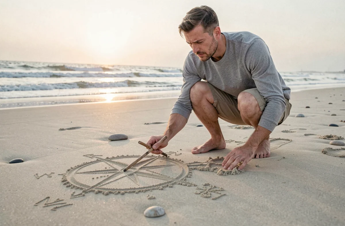 Homme traçant les points cardinaux dans le sable sur une plage au lever du soleil pour s'orienter sans boussole