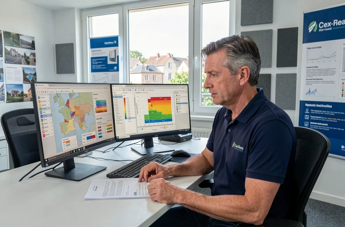 Consultant Oriven en antenne Haute-Garonne analysant des données de performance énergétique dans un bureau régional