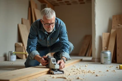 Artisan utilisant un outil oscillant pour rénover une plinthe en bois dans une maison en travaux