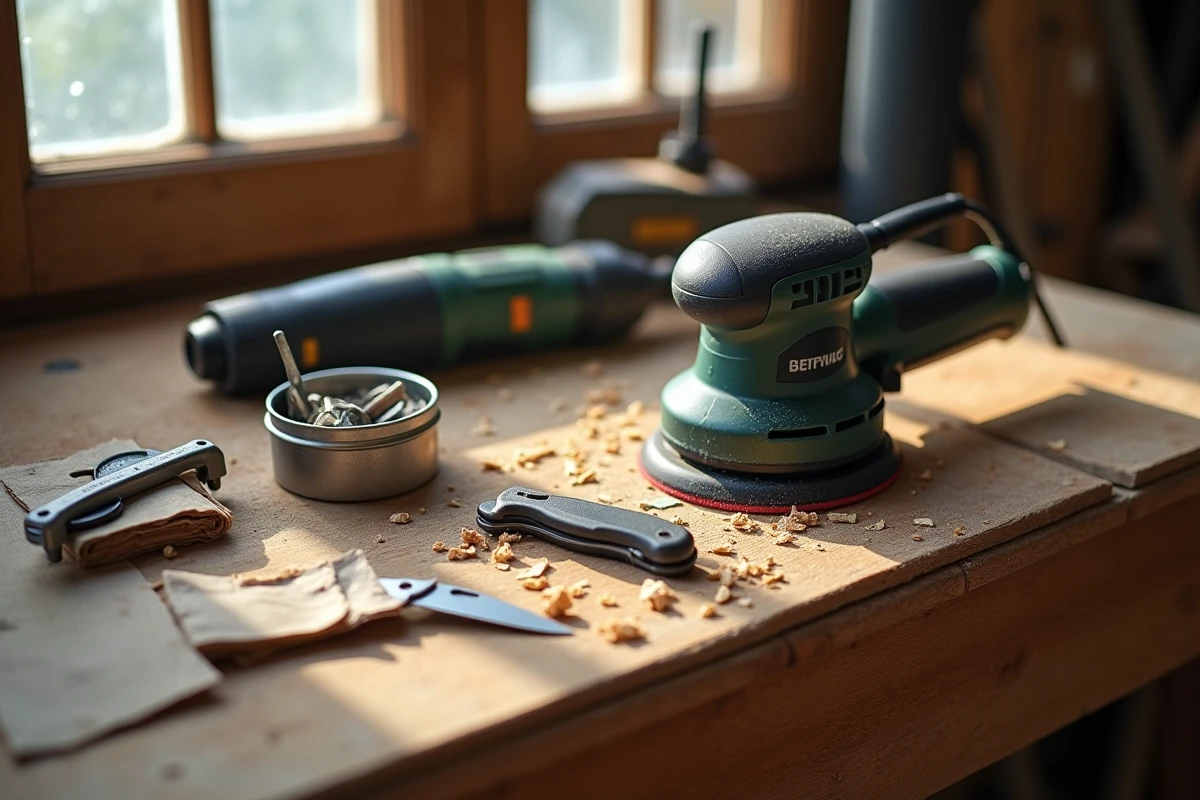 Outils de bricolage en O disposés sur un établi en bois, dont une ponceuse orbitale et un outil oscillant