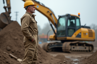 Homme en tenue de chantier près d'une excavatrice diesel en activité