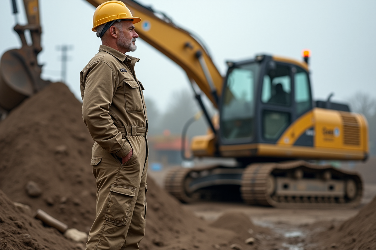 Homme en tenue de chantier près d'une excavatrice diesel en activité