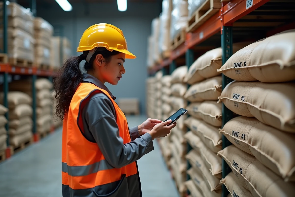 Femme logisticienne dans un entrepôt avec sacs de grain
