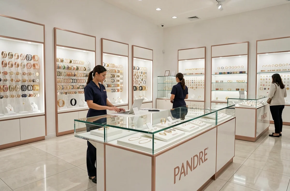 Intérieur d'un magasin Pandora avec des bracelets et charms exposés sur des présentoirs blancs et or rose