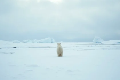 Ours polaire solitaire sur la toundra arctique enneigée face à une banquise fragmentée, illustrant la fragilité de l'écosystème polaire