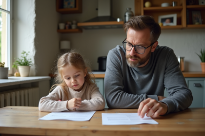 Un père et une fille regardent des papiers à la maison