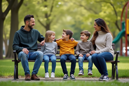 Quatre parents diversifiés avec enfants dans un parc