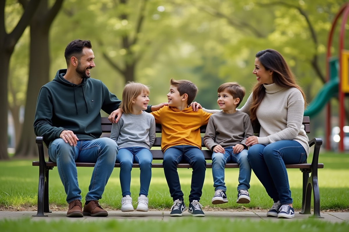 Quatre parents diversifiés avec enfants dans un parc