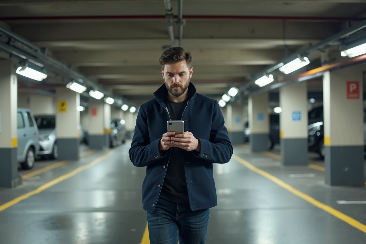 Homme utilisant une application de stationnement dans un parking souterrain du centre de Paris