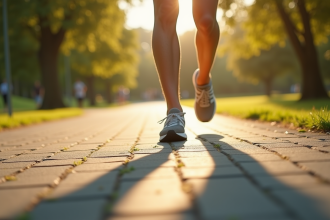 Jambes et chaussures en marche rapide sur un chemin ensoleille