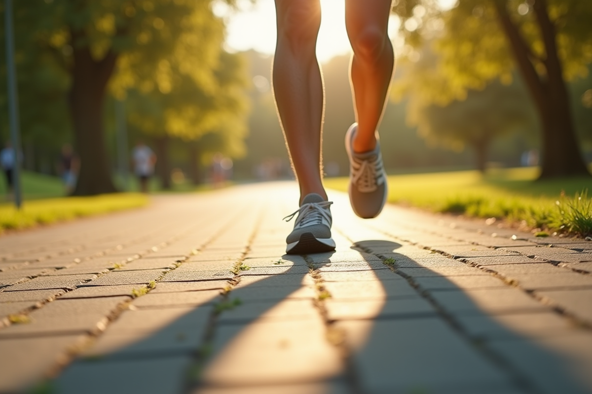 Jambes et chaussures en marche rapide sur un chemin ensoleille