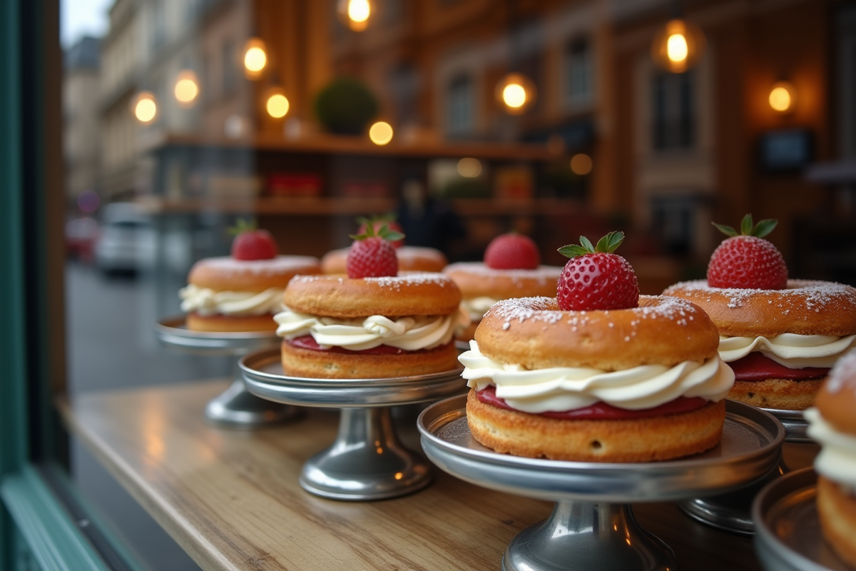 Vitrine de pâtisserie française avec gâteaux Opéra en vitrine