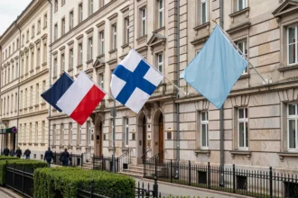 Façades d'ambassades avec drapeaux de pays commençant par F, boulevard européen