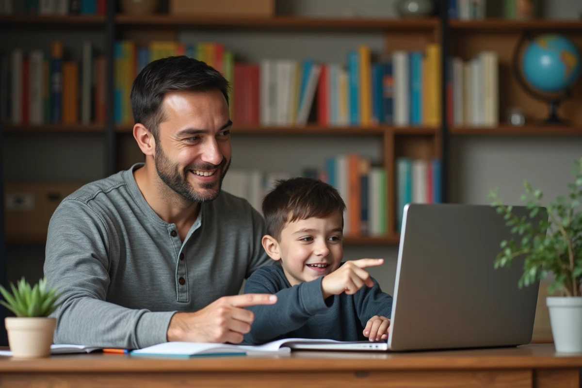 Un père aidant son fils à apprendre du nouveau vocabulaire grâce à un logiciel éducatif sur ordinateur portable dans un bureau à domicile