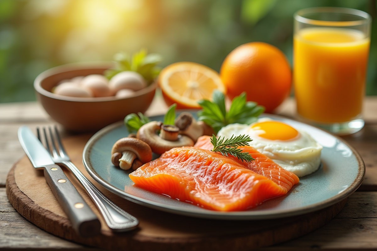 Petit déjeuner avec saumon oeufs champignons et jus d'orange enrichi en vitamine D