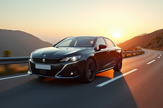 Peugeot 508 PSE en mouvement sur une route de montagne au lever du soleil