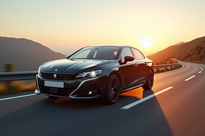 Peugeot 508 PSE en mouvement sur une route de montagne au lever du soleil