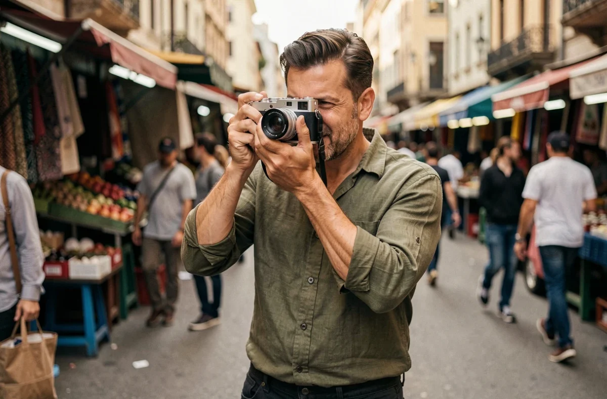 Photographe utilisant un appareil Fujifilm X-T20 en situation réelle lors d'une séance de street photography dans un marché urbain