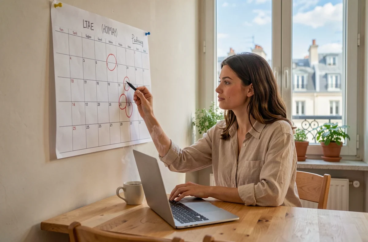 Jeune femme planifiant ses congés autour des ponts de la Pentecôte 2026 sur un calendrier papier dans un appartement parisien