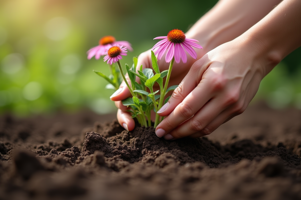 Mains plantant des jeunes echinacea dans la terre riche