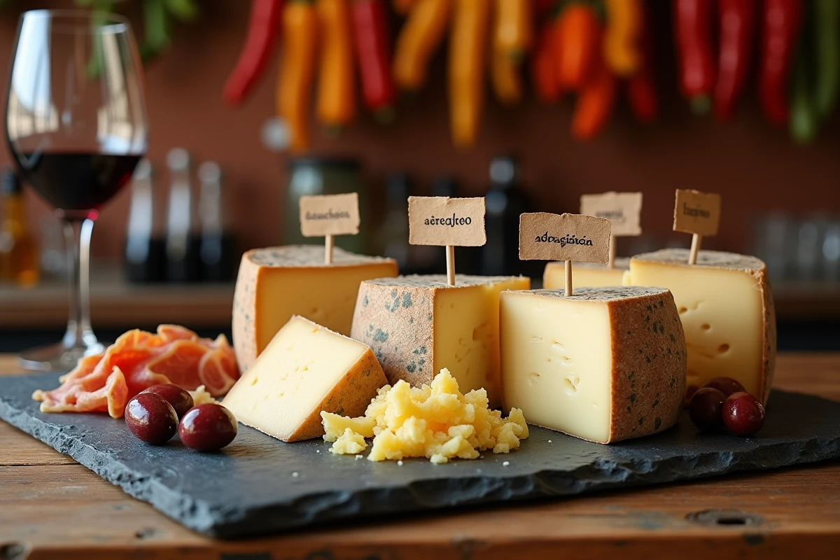 Plateau de fromages espagnols étiquetés en espagnol sur un comptoir de bar à tapas rustique