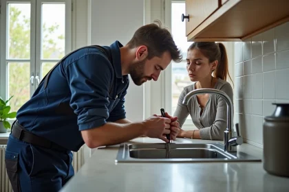 Plombier réparant un évier dans un appartement parisien