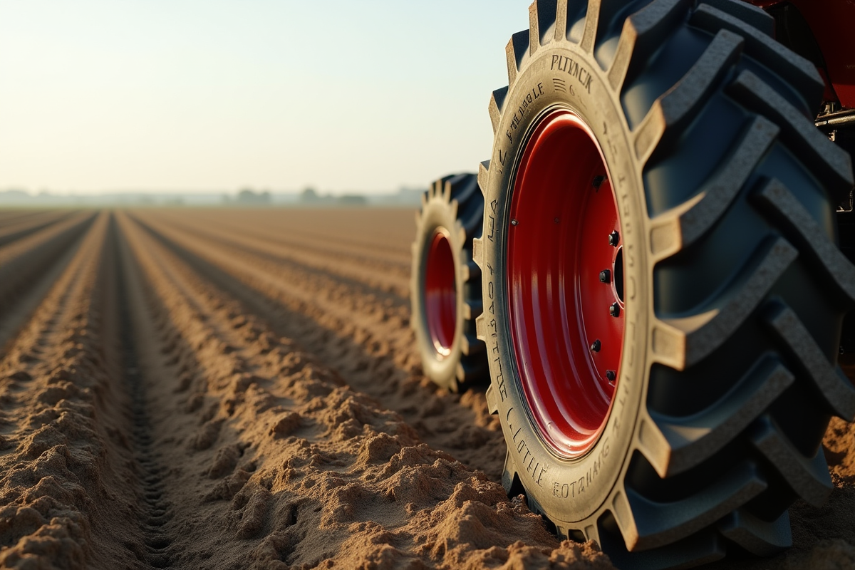 Pneu de tracteur usé contre un champ labouré en plein jour