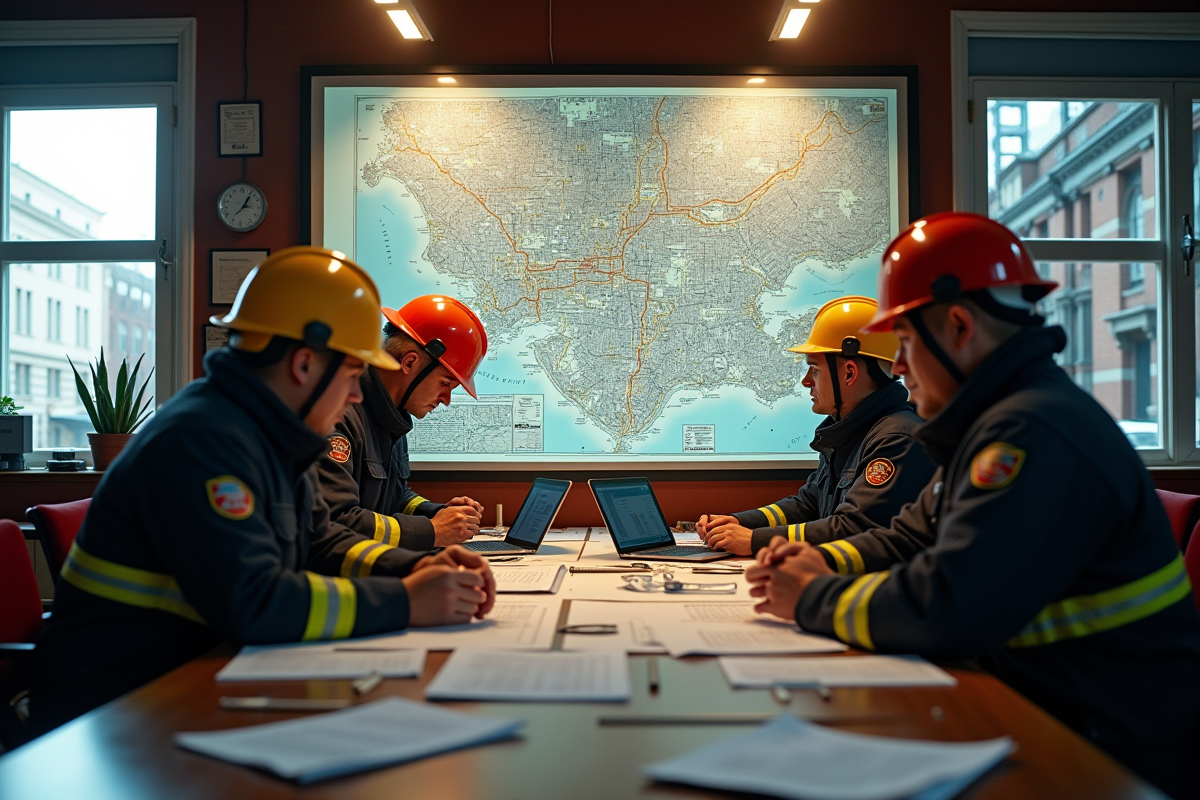 Pompiers planifiant avec carte et table de travail