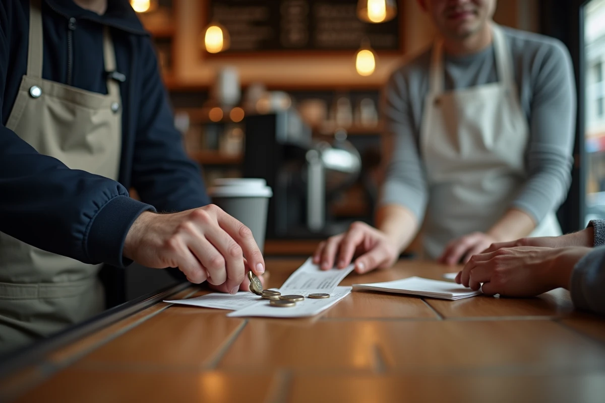 Client laissant un pourboire en pièces sur le comptoir d'un bistrot, illustrant le sens de tips comme pourboire en anglais