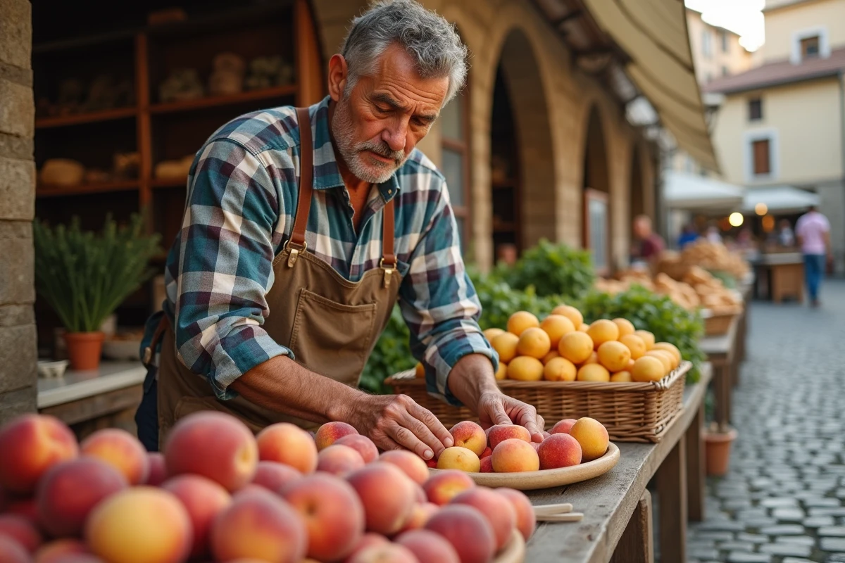 Producteur local arrangeant des fruits frais sur son étal au marché dominical
