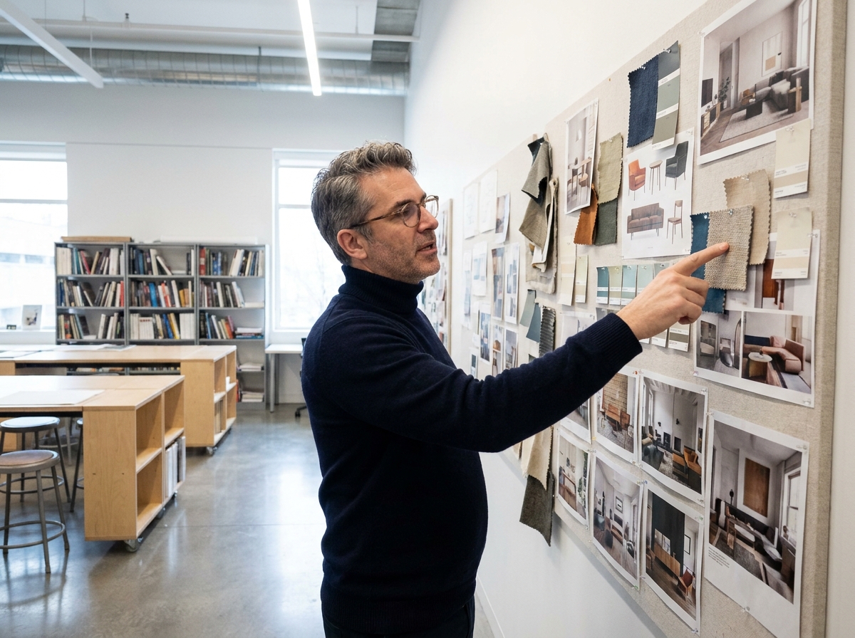 Professeur en décoration d'intérieur présentant un moodboard de références design à des étudiants