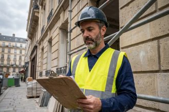 Professionnel du bâtiment consultant un devis sur un chantier de rénovation dans les Hauts-de-Seine